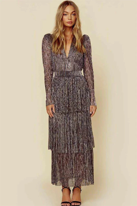 Elegant V Neck Layered Maxi Party Evening Dresses For Women 2024 Gray Long Sleeve Traf Clothes Fashion Vintage Ladies Prom Dress