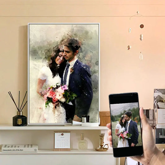 Custom Splash Watercolor Photo Canvas Painting Personalized Portrait Abstract Wall Art Family Anniversary Gift Decor Poster