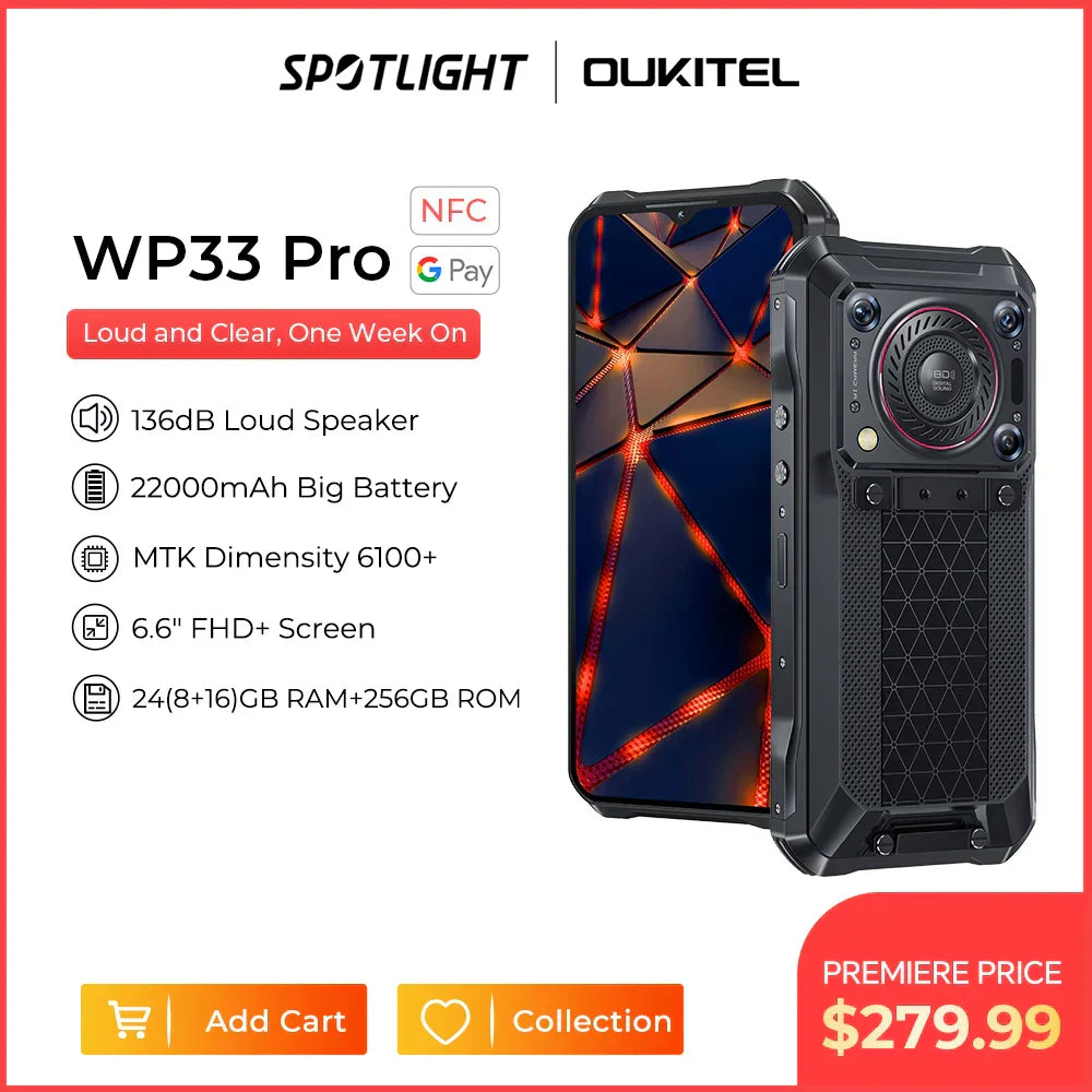 [World Premiere] Oukitel WP33 Pro 5G Rugged Smartphone 22000mAh 6.6" FHD+ Cell phone 24GB 256GB Mobile Phone 64MP Camera 33W