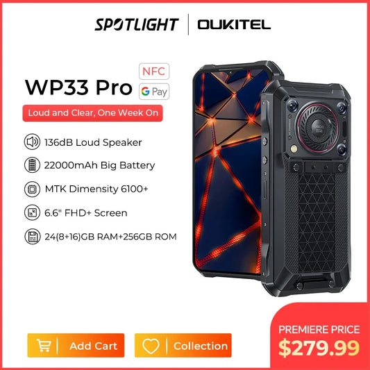 [World Premiere] Oukitel WP33 Pro 5G Rugged Smartphone 22000mAh 6.6" FHD+ Cell phone 24GB 256GB Mobile Phone 64MP Camera 33W