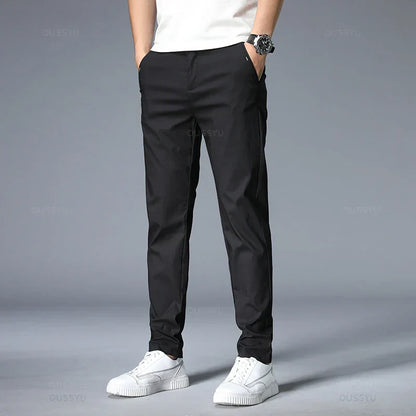 Spring Summer Casual Pants Men Thin Stretch Slim Fit Elastic Waist Business Classic Korean Trousers Male Khaki Gray 38