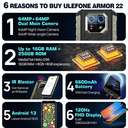 [World Premiere]Ulefone Armor 22 Rugged Phone ,16GB (8GB+8GB) RAM ,128GB/256GB ROM , Android 13 Smartphone,NFC 64MP 4G Phone